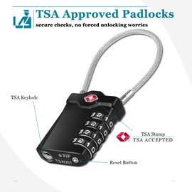 NAGE Suitcase Locks, TSA Approved Luggage Locks with Flexible Cable, TSA Lock with White Numbers, 4 Digit Travel Padlocks for Luggage, Backpack, Laptop Bag, Tent, Lockers (1P, Black)