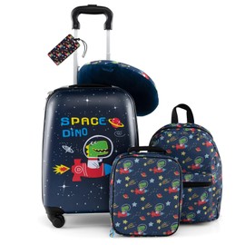 BABY JOY Kids Luggage, 5 Pieces Luggage Set w/ 16" Carry-on Hardshell Spinner Toddler Suitcase, 13" Backpack, Neck Pillow & Insulated Lunch Bag, Travel Kids Rolling Suitcase for Boys (Navy Astronauts)