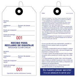 100 Tags. Deluxe Baggage Claim Check Tag-in Spanish and English with Red Numbering. Knotted Strings Attached to Each Tag. Tag Size: 5 1/4" (Height) x 2 5/8" (Width)