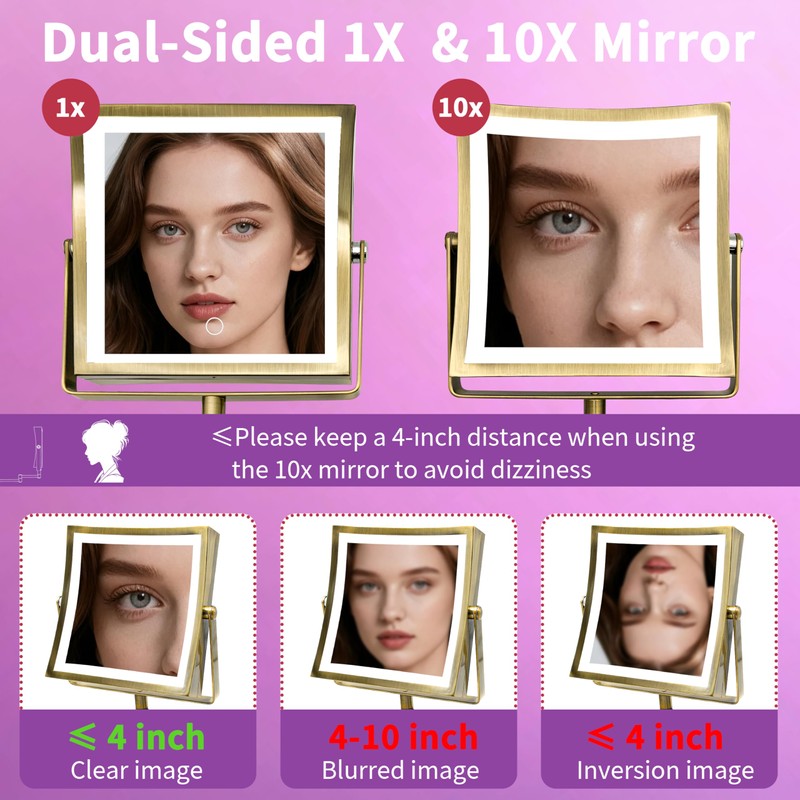 MIROAMZ Wall Mounted Lighted Makeup Mirror 1X/10X Square Brushed Gold