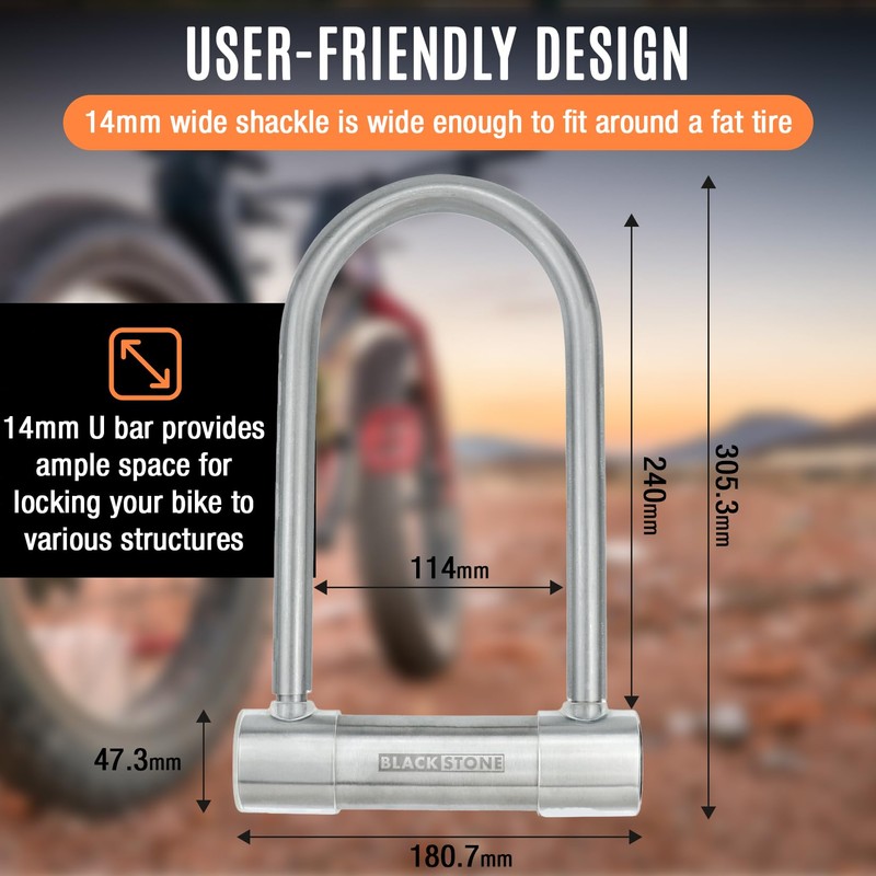 Black Stone Stainless Steel U Bike Lock-130dB Alarm System, 14mm