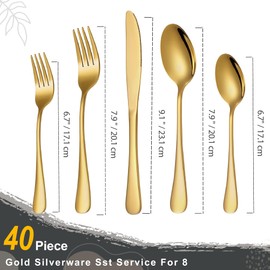 Runfly 40-Piece Gold Flatware Set, Stainless Steel Cutlery Set for 8