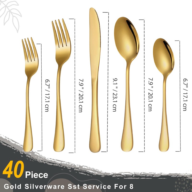 Runfly 40-Piece Gold Flatware Set, Stainless Steel Cutlery Set for