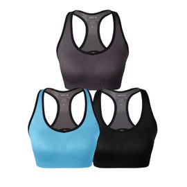 Match Women Wirefree Padded Racerback Sports Bra for Yoga Workout Gym Activewear #001(1 Pack of 3(Black-Gray Brown-Sky Blue),S)