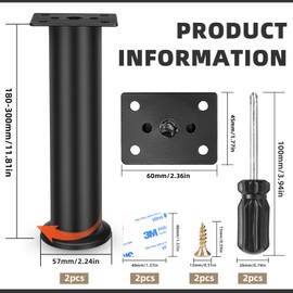 Erzekrim Pack of 2 Adjustable Furniture Feet, 18-30 cm Adjustable Table Feet, Rubber Base, Silent and Scratch-Resistant, Height Adjustable Steel Feet, Suitable for Beds, Sofas, Cabinets