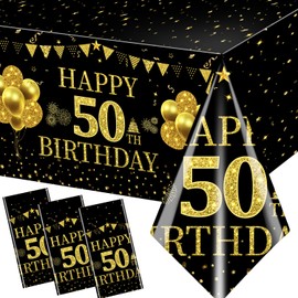 Happy 50th Birthday Decorations-3Pcs 50th Birthday Tablecloth Decorations Plastic Black Gold Happy 50th Birthday Table Covers for Men Women 1973 Birthday Anniversary Fifty Years Old Party supplies
