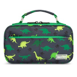 VASCHY Pencil Case, Large Pencil Pouch with Multi-compartments for School, Work, Office Portable Pencil Cases for Kids, Girls and Boys with Top Handle Zippered Stationary Organiser,Black Dinos