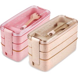 2 Pack Bento Lunch Box, Iteryn Stackable Bento Box, 3-In-1 Compartment - Wheat Straw, Leakproof Eco-Friendly Bento Lunch Box Meal Prep Containers