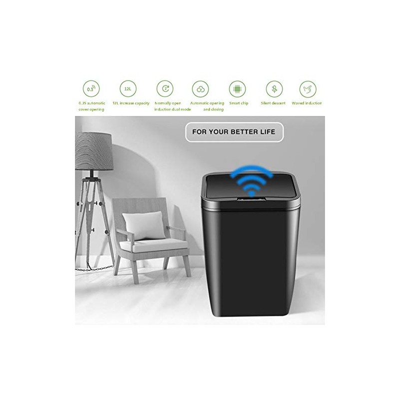 EUNEWR Automatic Dustbin Non-Contact Infrared Motion Sensor Bin 12L (Black)