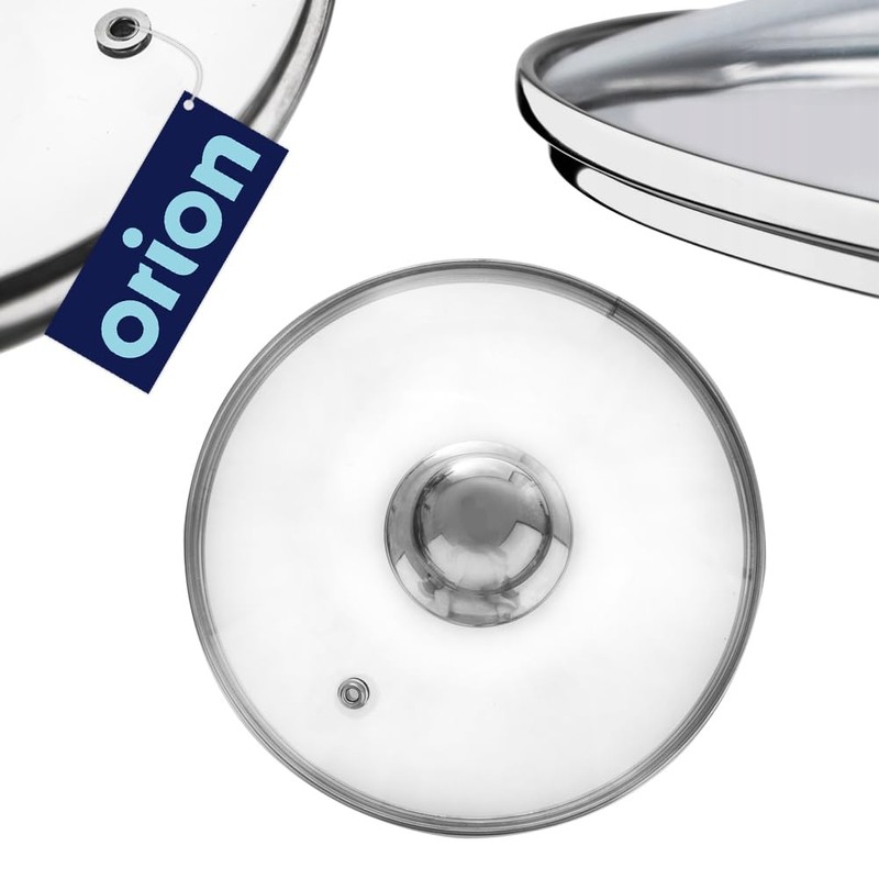 Glass lid with stainless steel ring.