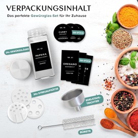 Glass Spice Jars with Labels and Steel Lids (24 x 4oz) Spice Containers with 240 Label, Steel Funnel, Shaker Inserts, Empty Square Seasoning Organizer for Spice Rack, Cabinet, Drawer