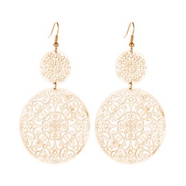 MALOYANVE Filigree Disc Drop Earrings for Women Delicate Double Hollow Out Round Disc Statement Earrings Bohemian Metallic Disc Dangle Hook Earrings (Gold)