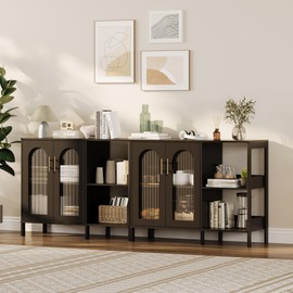 GAOMON Sideboard Buffet Cabinet, Modern Glass Arch Storage Cabinet with Adjustable Shelves, 39.4" Multi-Functional Organize Furniture for Bathroom, Entryway, Tempered Glass Doors& Gold Handles, Black