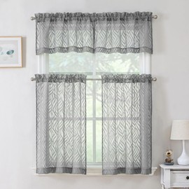 Chyhomenyc Marilyn Charcoal Grey Sheer Curtains 36 Inch Length, Light Filtering Airy 3D Leaf Clip Jacquard Textured Short Sheer Curtains for Bedroom Bathroom Small Windows, 38Wx36L Inches, 2 Panels