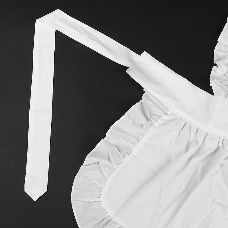 White Cotton Women Maid Apron Ruffle Hem Kitchen Solid Color