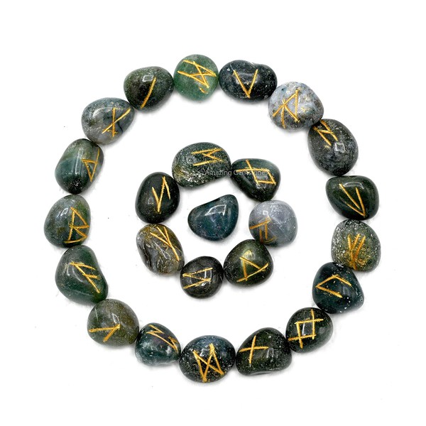 Moss Agate Crystal Runes Set of 25 Engraved Rune Stones with Runes Book PDF