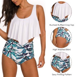Vozobi Women's Tankini Swimsuits Two Piece Ruffle Flounce Top High Waisted Bottom Bikini Sets Tummy Control Bathing Suit