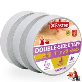 XFasten Double Sided Clear Removable Tape 1 Inch by 20 Yards (25.4mm x 18.28m) 3 Pack Ideal for Gift Wrapping Tape, Carpet Holding and Woodworking