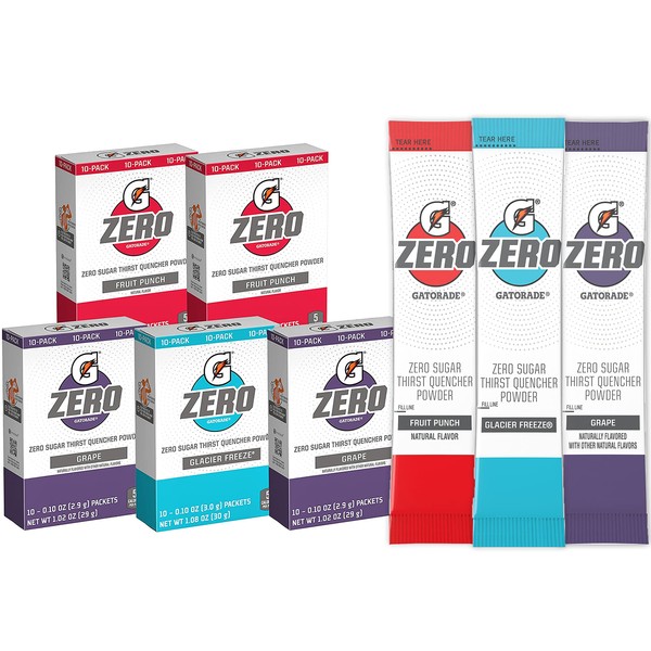 Gatorade G Zero Powder, Fruit Punch Variety Pack, 0.10oz Individual Packets (50 Pack)
