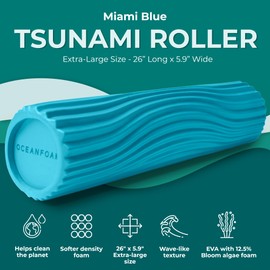 Oceanfoam Tsunami Roller (Miami Blue) - Soft, Textured Foam Roller for Physical Therapy, Back Pain, Exercise & Stretching - Wave Textured - Yoga, Athletics, Wellness - Extra-Large 26" x 5.9"