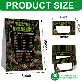 What's Your Dinosaur Name Game, Jurassic Dinosaur Party Game Card, 1 Sign with 30 Name Stickers, Birthday Holiday Party Decorations Supplies for Boys Girls