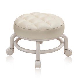 HPONQIONE Round Rolling Low Stool- PU Leather Low Stool 360° More Comfortable Swivel with Thickened Sponge Cushion for Nail Salon, Pedicure, SPA and Home (White)