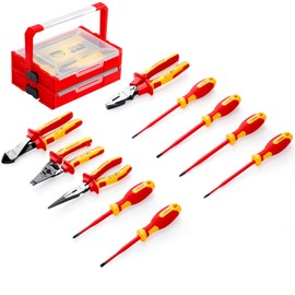 CRIPOP 10 PCS Insulated Screwdriver and Pliers Set, 1000V Insulated Electrician Tool Set with 6 Phillips & Slotted Screwdrivers, 4 Insulated Pliers and 2 Stackable Tool Box