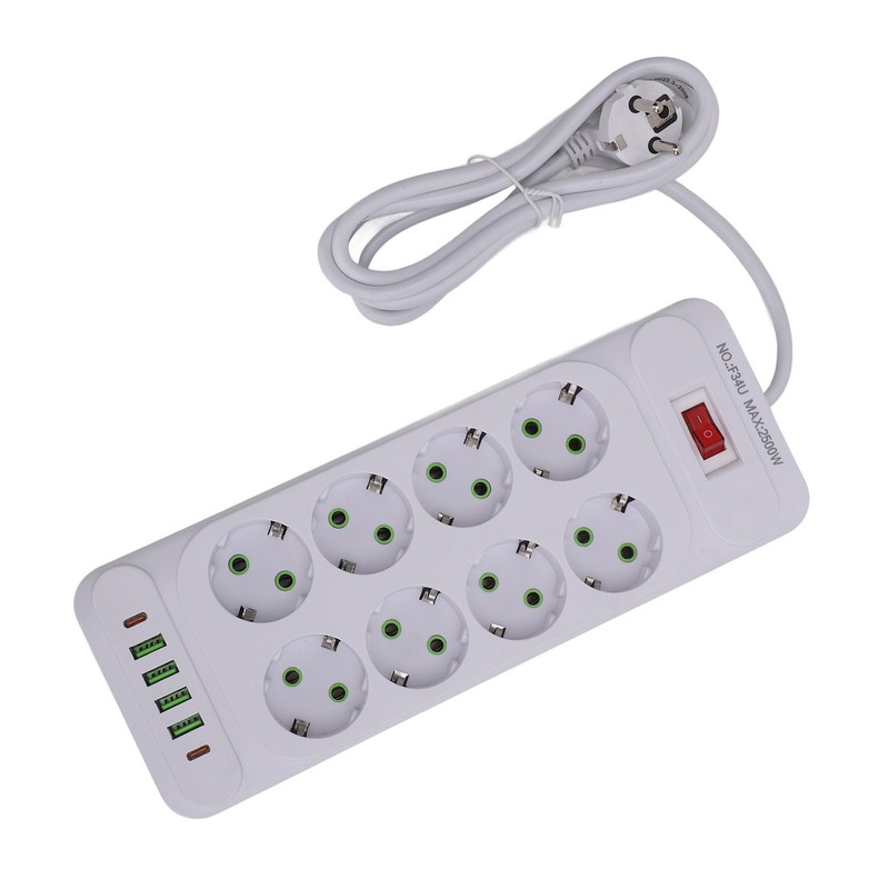 8 Way Power Strip USB C European Socket Desk Wall