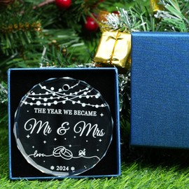 The Year We Became Mr & Mrs Crystal Glass 3.1" Ornament, Mr and Mrs Christmas Ornament 2024 with Gift Box - Wedding Xmas Gift Bride Groom Wife Husband, for Newly Married Couples