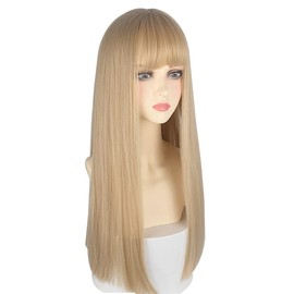 URCGTSA 22 Inches Long Straight Hair for Women Blonde Synthetic Hair Natural Golden Wig With Bangs Party Cosplay Wig (White Gold)
