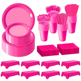 Disposable Plastic Dinnerware Set-968PCS Plastic Plates Set Includes 120 Of Each Dinner ＆ Dessert Plates, Cups, traws, Spoons, Forks & Knives for Party (Hot Pink, 968PCS（120 Guests）)