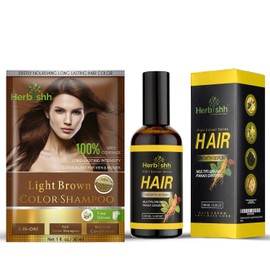 Herbishh Hair Color Shampoo Pouch (Light Brown) + Hair Growth Serum | 3-in-1 Gray Coverage Shampoo – Natural Light Brown Color | Lightweight Botanical Serum for Fuller, Healthy Hair