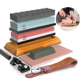 Knife Sharpening Stone Set, Whetstone，Knife Sharpener Stone Set 4 Side Grit 400/1000 3000/8000, Professional Include Non-Slip Bamboo Base, Leather Strop, Flattening Stone & Angle Guide kitchen sharpener angle guide