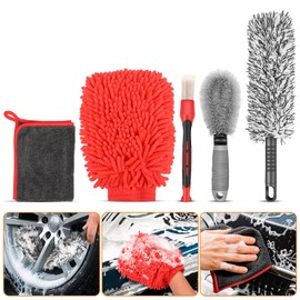 Preciva Professional Wheel Brush Kit for Cleaning Wheel and Tire - Include Large Wheel Brush, Small Wheel Brush, Detailing Brush, Car Washing Glove, Car Washing Cloth, for Cleaning Car, Motorcycle
