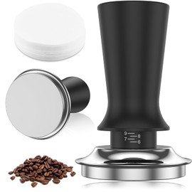 Espresso Tamper 53mm Spring Loaded Tamper with 200 Pcs Filters Paper, Anti-Stick Self-Leveling, Refined Handle, Stainless Steel Flat Base for Coffee Grounds Barista Espresso Machines Accessory