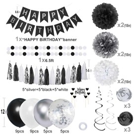 YGYXMY Birthday Decorations for Men, Black and Silver Party Decorations, Black and White Party Supplies - Banner, Balloons, Tissue Pompoms, Swirls, Tassels Garland