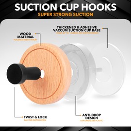 Besti Shower Suction Cup Hooks, Strong Suction Power, Towel Hooks for Shower Glass Door, Bathroom, Kitchen, Mirrors, Tiles, Holds up to 11 lbs, Ideal for Towels, Bath Robes, Coats (Beech-Black)