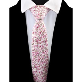 Gusleson Mens Floral Pink Ties for Wedding Groomsmen Beige Slim Flower Tie Cotton Skinny Necktie (UK0943-25)