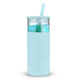 Tronco 20 oz Glass Tumbler With Lids and Straws, Reusable Smoothie Cups With Silicone Lid, Iced Coffee Cup With Silicone Protective Sleeve, Dishwasher Safe- BPA Free（Blessed Blue 1 Count）