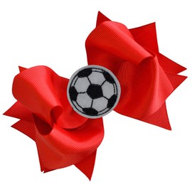 SOCCER BALL BOW Girls 4.5 Inch Grosgrain Soccer Hair Bow with Embroidered Soccer Ball By Funny Girl Designs (Red)