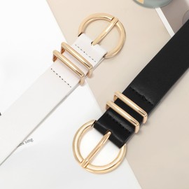 XZQTIVE 2 Pack Womens Leather Belts for Jeans Dress Pants Fashion Plus Size Ladies Black Waist Belt with Gold Buckle, Black/White, Medium: fits waist from 31"-37"