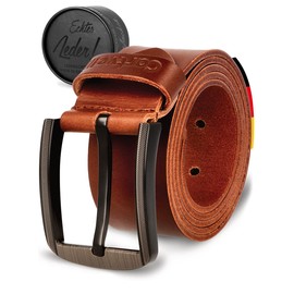 Cartvelli Men's Genuine Leather Belt, Black, 40 mm, Made in Germany, Gift Box, Men's Belt Buckle Matte Black, cognac brown