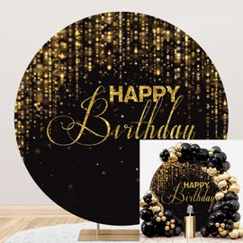 Laeacco 7.2x7.2ft Happy Birthday Round Backdrop - Black and Gold Glitter Shiny Bokeh Arch Background for Photography - Golden Sparkles Adults Portrait Party Decor