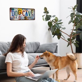 Vintage License Plate Wall Decor Dog Cave Where Dogs Can Be Dogs Metal Tin Sign for Home Office Garage Bar Restaurant Living Room Garden Yard 12 x 6 Inches (2598)