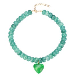 Chunky Colorful Beaded Statement Boho Chokers Necklace Heart Pendant Pink Green Yellow Brown Fashion Jewelry (Green)