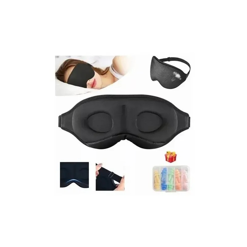 Antifaz 3D Ajustable Negro Transpirable con Tapones para Oídos
