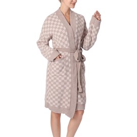 busy koala Soft Plush Hooded Robe, Cozy Warm Loungewear Bathrobe with Pockets for Women (Grid-Khaki/Beige)