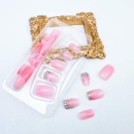 24pcs Pink French Tip Press on Nails Short Fake Nails with 3D Flower Rhinestones Square Nail Tips Designs Silver Glitter Stick on Nails French False Nails Full Cover Glossy Glue on Nails for Women