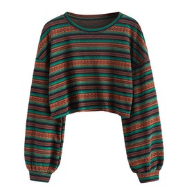 ZAFUL ZAFUL Women's Tribal Ethnic Graphic Cropped Knitwear Bohemian Long Sleeve Pullover Sweater Boho Drop Shoulder Knitted Top Multicolored
