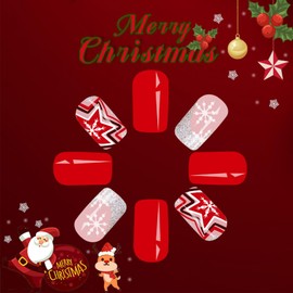 24 Pcs Christmas Snowflake Press on Nails Red Stars Acrylic Fake Medium Square Nails Snowflake Stick on Nails Glossy Silver Glitter French Tips False Nails Xmas Snowflake Gel Glue on Nails for Women